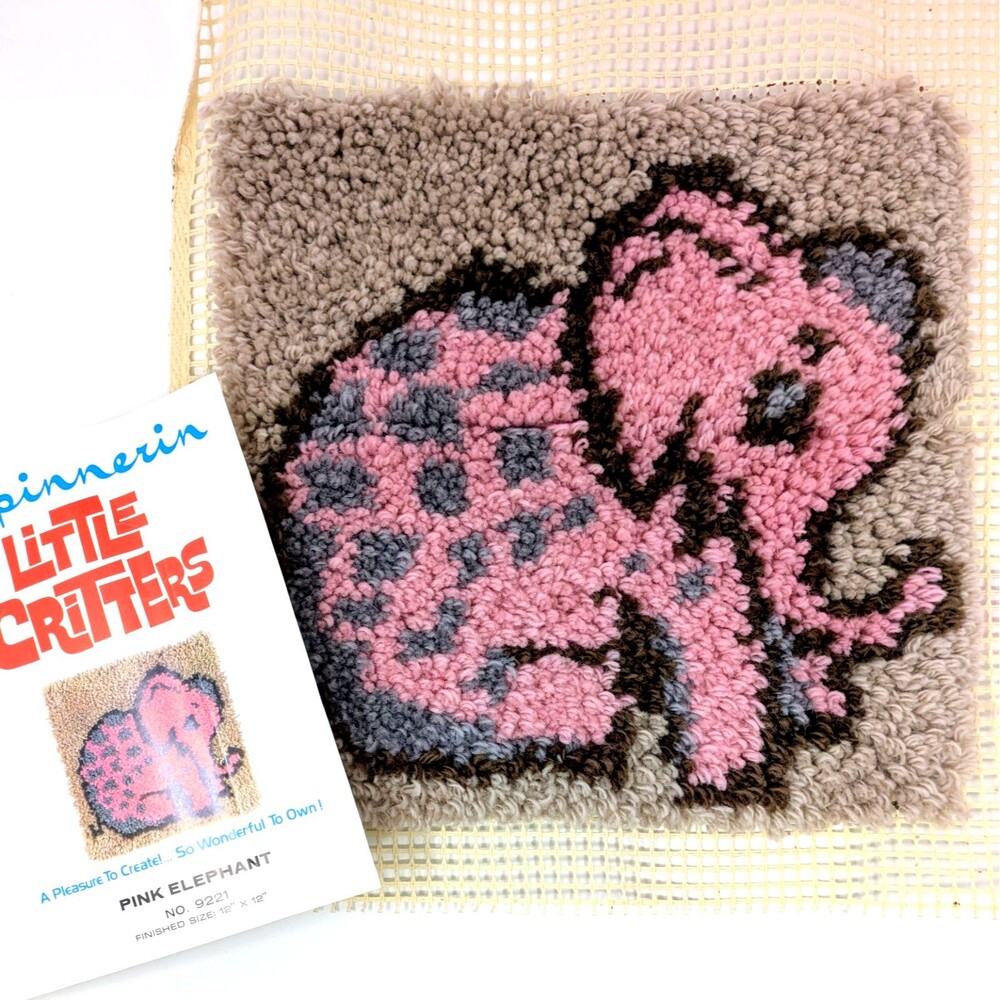 Vtg Latch Hook PINK ELEPHANT Rug 12x12" | Spinnerin Little Critters | COMPLETED!